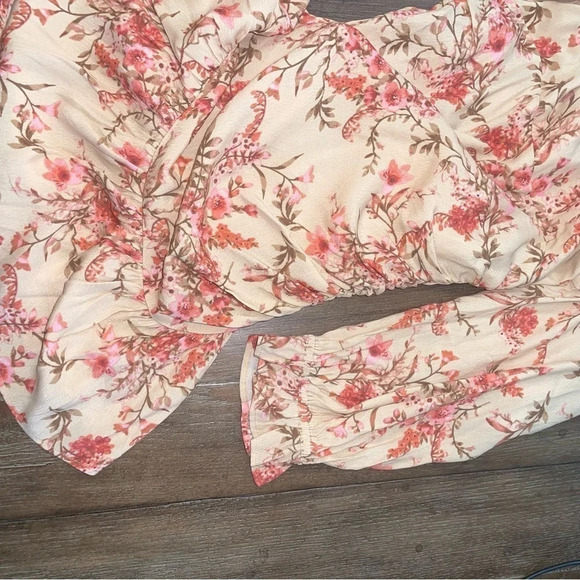 Coquette Boho Cottagecore Dress Cut Out Pink Floral  Dress Puff Sleeves L - Picture 14 of 14